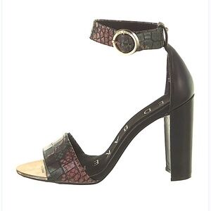 Ted Baker Black and Pink Croc-Embossed Ankle-Strap Block Heel Sandals
